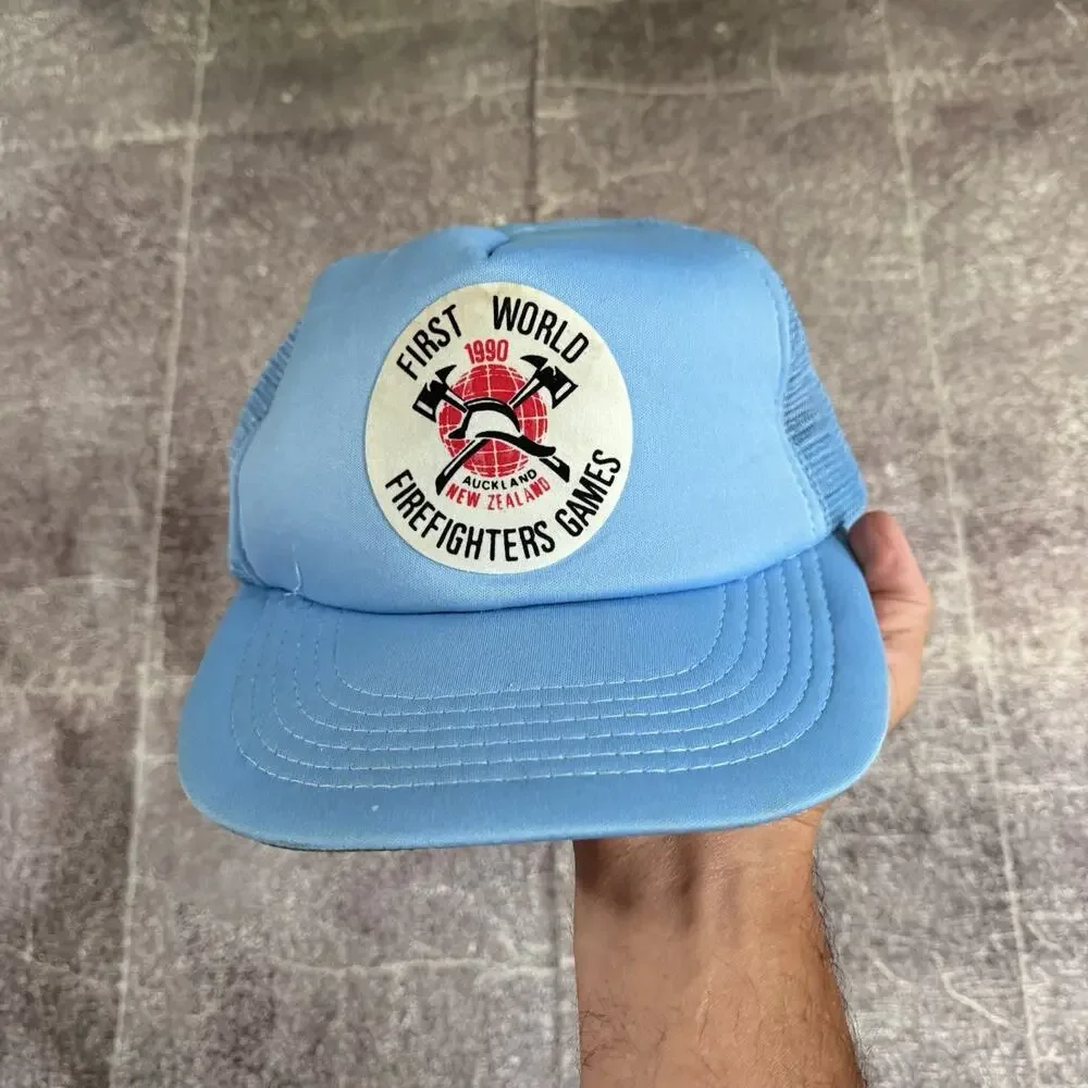 Men's Vintage 90s First World Firefighters Game Powder Blue Trucker Snapback Hat